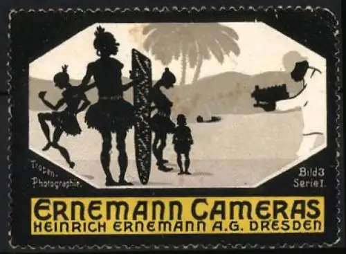 Reklamemarke Dresden, Heinrich Ernemann AG., Ernemann Cameras, Fotograf mit Eingeborenenmotiv