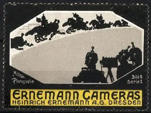 Reklamemarke Dresden, Heinrich Ernemann AG., Ernemann Cameras, Militärfotografie mit Kavallerie-Silhouetten