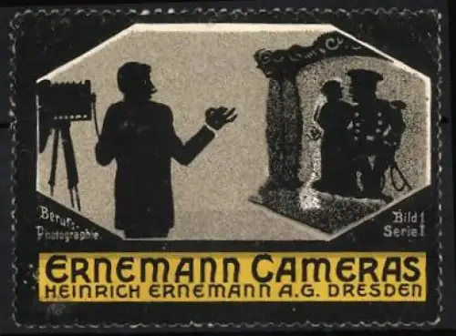 Reklamemarke Dresden, Heinrich Ernemann AG., Ernemann Cameras, Fotograf mit Kamera und Motiv