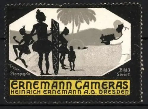 Reklamemarke Dresden, Heinrich Ernemann AG., Ernemann Cameras, Eingeborene und Fotograf mit Kamera