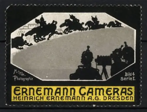 Reklamemarke Dresden, Heinrich Ernemann AG., Ernemann Cameras, Pferderennen-Silhouette