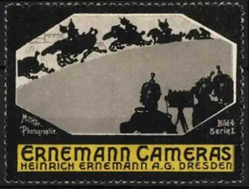Reklamemarke Dresden, Heinrich Ernemann AG., Ernemann Cameras, Militär-Photographie mit Pferdegespannen