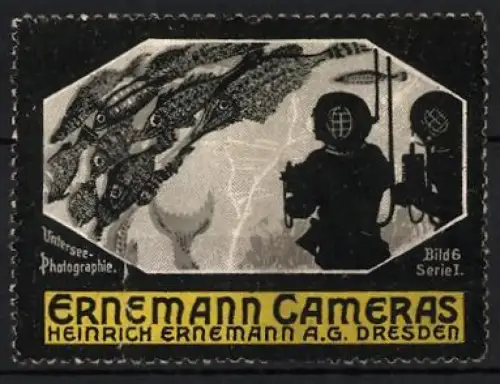Reklamemarke Dresden, Heinrich Ernemann AG., Ernemann Cameras, Untersee-Photographie mit Taucher