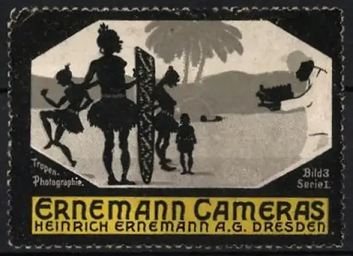 Reklamemarke Dresden, Heinrich Ernemann AG., Ernemann Cameras, Tropen-Photographie mit Silhouetten