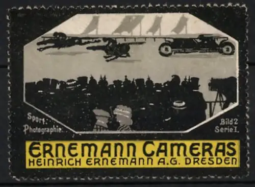 Reklamemarke Dresden, Heinrich Ernemann AG., Ernemann Cameras, Sportfotografie mit Pferden und Auto
