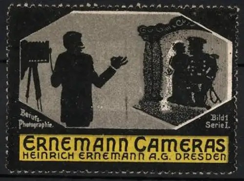 Reklamemarke Dresden, Heinrich Ernemann AG., Ernemann Cameras, Fotograf mit Kamera und Motiv