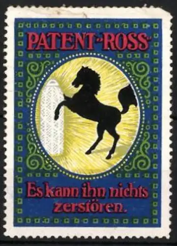 Reklamemarke Patent Ross, Glühstrumpf für Gaslampen, Schwarzes Pferd neben Glühstrumpf