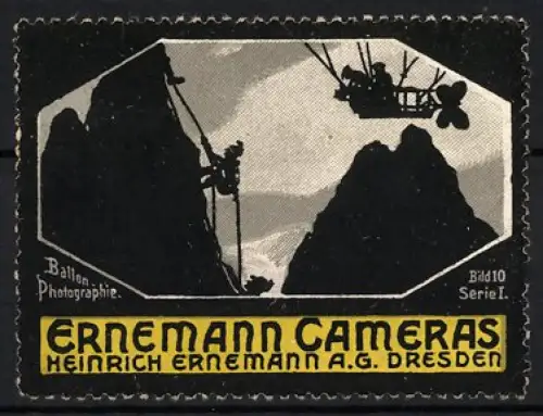 Reklamemarke Dresden, Heinrich Ernemann AG., Ernemann Cameras, Bergsteiger und Zeppelin