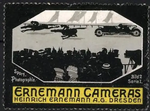 Reklamemarke Dresden, Ernemann AG., Ernemann Cameras, Pferderennen und Auto im Rennen