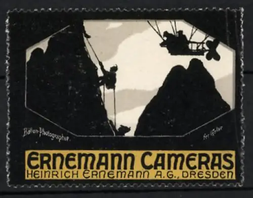 Reklamemarke Dresden, Heinrich Ernemann AG., Ernemann Cameras, Kletterer und Fotografen in Zeppelin