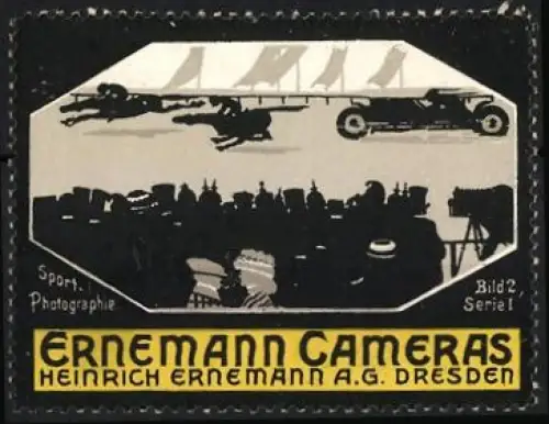Reklamemarke Dresden, Heinrich Ernemann AG., Ernemann Cameras, Pferderennen und Auto