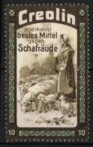 Reklamemarke Creolin, Mittel gegen Schafräude, Schäferin mit Schafen