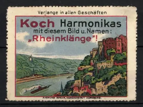 Reklamemarke Koch, Handzuginstrumentenmacher für Harmonikas, Rheinklänge, Landschaft am Rhein
