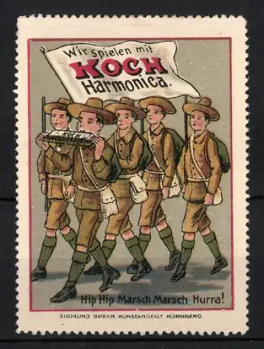 Reklamemarke Koch Harmonica, Ziehinstrumentenmacher, Harmonikas, Marschierende Pfadfinder