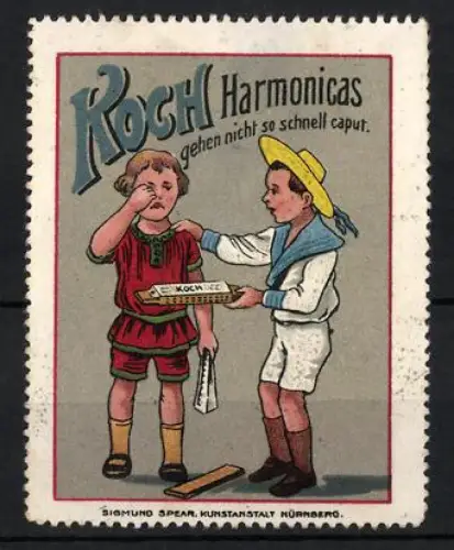 Reklamemarke Koch Harmonicas, Ziehinstrumentenmacher, Kinder mit Mundharmonika