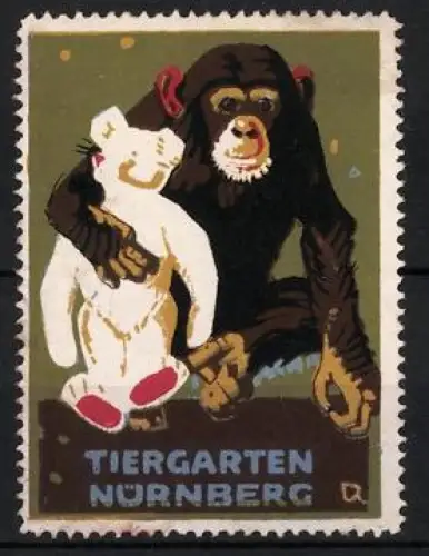 Reklamemarke Nürnberg, Tiergarten, Schimpanse mit Teddybär