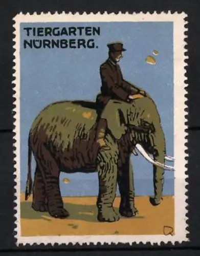 Reklamemarke Nürnberg, Tiergarten, Elefant mit Reiter vor blauem Himmel