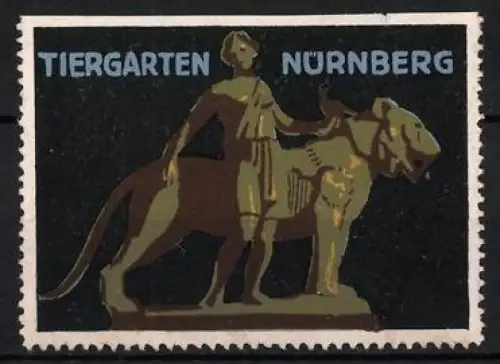 Reklamemarke Nürnberg, Tiergarten, Statue mit Löwe und Mensch