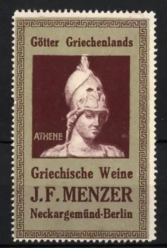 Reklamemarke Neckargemünd, Berlin, Griechische Weine J. F. Menzer, Athene-Büste