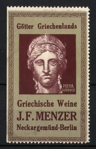 Reklamemarke Neckargemünd, Berlin, Griechische Weine J.F. Menzer, Göttin Hera