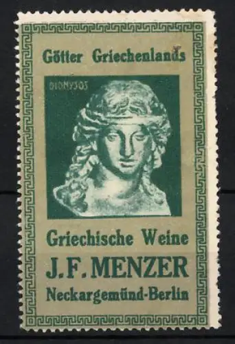 Reklamemarke Neckargemünd, Berlin, Griechische Weine J.F. Menzer, Dionysos-Büste