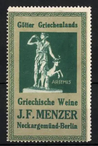 Reklamemarke Neckargemünd, Berlin, Griechische Weine J.F. Menzer, Artemis-Statue