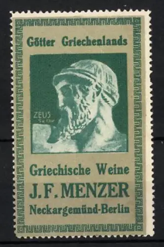 Reklamemarke Neckargemünd, Berlin, Griechische Weine J.F. Menzer, Zeus-Büste