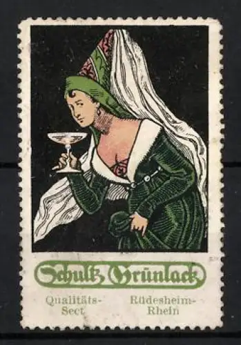 Reklamemarke Rüdesheim /Rhein, Qualitäts-Sect, Mittelalterliche Frau mit Sektglas