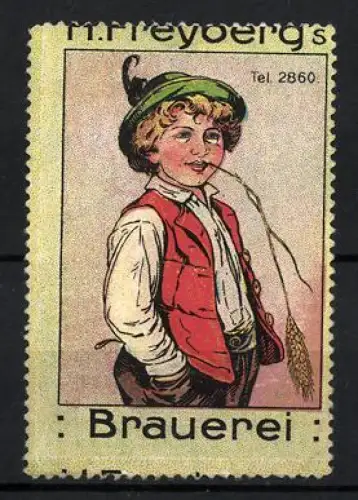 Reklamemarke H. Freybergs Brauerei, Junge mit Weste und Hut