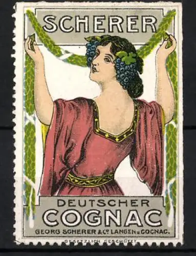 Reklamemarke Cognac, Deutscher Cognac, Georg Scherer & Co., Frau mit Trauben im Haar