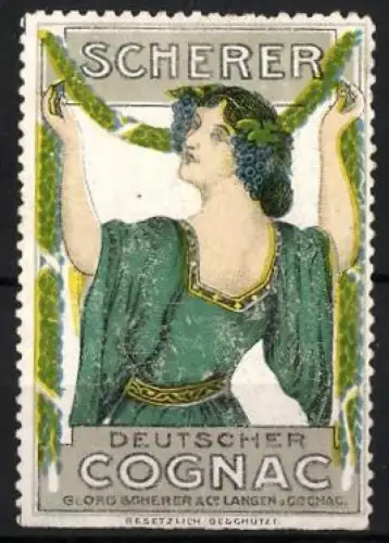 Reklamemarke Langen, Deutscher Cognac, Georg Scherer & Co., Frau mit Weintrauben