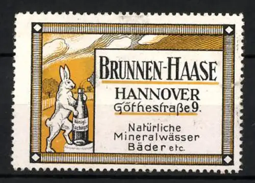 Reklamemarke Hannover, Brunnen-Haase, Göthestrasse 9, Hase mit Fachinger-Wasserflasche