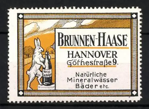 Reklamemarke Hannover, Brunnen-Haase, Göthestrasse 9, Hase mit Fachinger-Wasserflasche