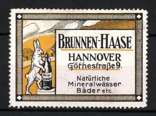 Reklamemarke Hannover, Brunnen-Haase, Göthestrasse 9, Hase mit Fachinger-Wasserflasche