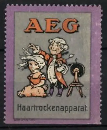 Reklamemarke AEG, Haartrockenapparat, Friseur fönt einer Frau das Haar