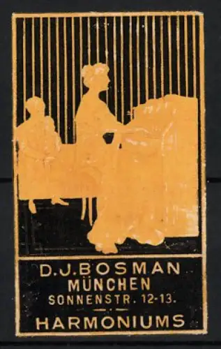 Reklamemarke München, D.J. Bosman Harmoniums, Sonnenstr. 12-13, Frau am Harmonium
