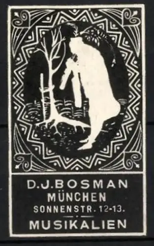 Reklamemarke München, D.J. Bosman Musikalien, Sonnenstr. 12-13, Musiker mit Musikinstrument