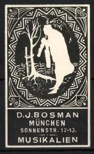 Reklamemarke München, D.J. Bosman Musikalien, Sonnenstr. 12-13, Mann mit Musikinstrument