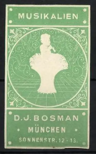 Reklamemarke München, D.J. Bosman Musikalien, Sonnenstr. 12-13, Kind mit Flöte