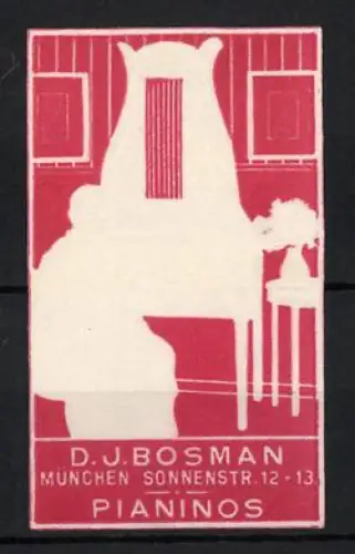 Reklamemarke München, D.J. Bosman Pianinos, Sonnenstr. 12-13, Klavier und Blumenarrangement