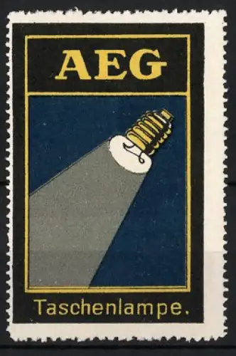 Reklamemarke AEG Taschenlampe, Glühbirne mit Lichtstrahl