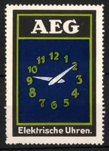 Reklamemarke AEG, Elektrische Uhren, Zifferblatt mit Zeigern