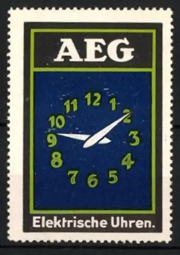 Reklamemarke AEG Elektrische Uhren, Uhrzeiger und Ziffernblatt