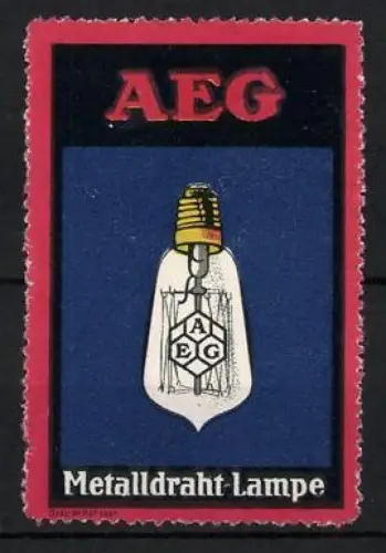 Reklamemarke AEG, Metalldraht Lampe, Glühbirne mit AEG-Emblem