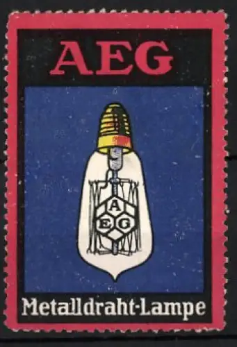 Reklamemarke AEG Metalldraht-Lampe, Glühbirne mit AEG-Symbol