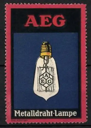 Reklamemarke AEG Metalldraht-Lampe, Glühbirne mit AEG-Symbol