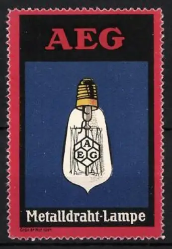 Reklamemarke AEG, Metalldraht-Lampe, Glühbirne mit AEG-Logo