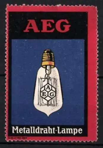 Reklamemarke AEG Metalldraht-Lampe, Glühbirne mit AEG-Logo