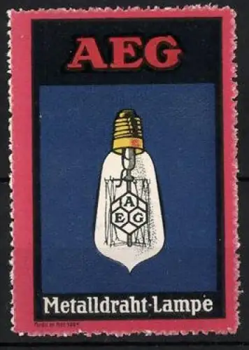Reklamemarke AEG, Metalldraht-Lampe, Glühbirne mit AEG-Logo