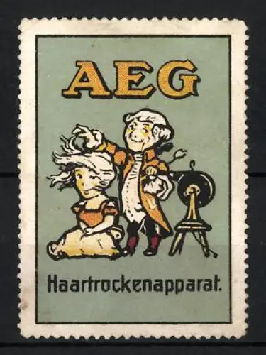 Reklamemarke AEG, Haartrockenapparat, Friseur föhnt einer Frau das Haar